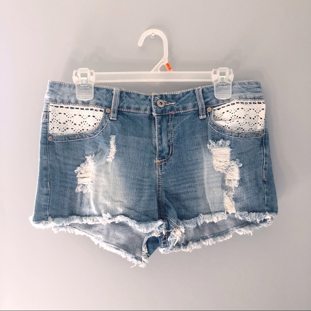 size 13 ripped white lace jean shorts